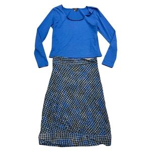 Crea Concept Blue Knit Top & Wool Blend Plaid Skirt Set (EU 42/44)
